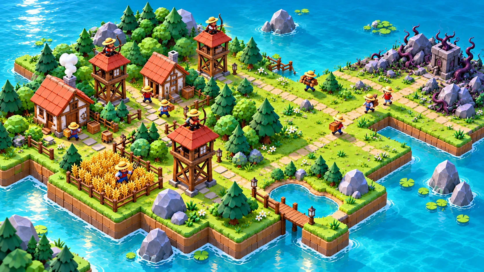 Promotional illustration of the same village in daylight, with peaceful villagers and defensive towers