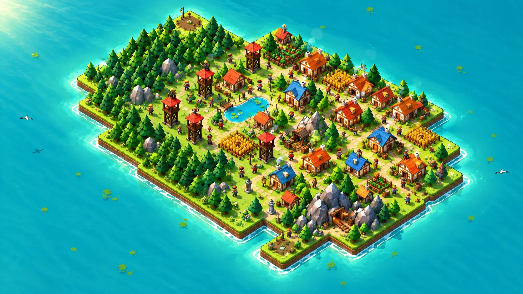 Promotional illustration of a thriving island with many cottages, villagers, farms and defensive towers