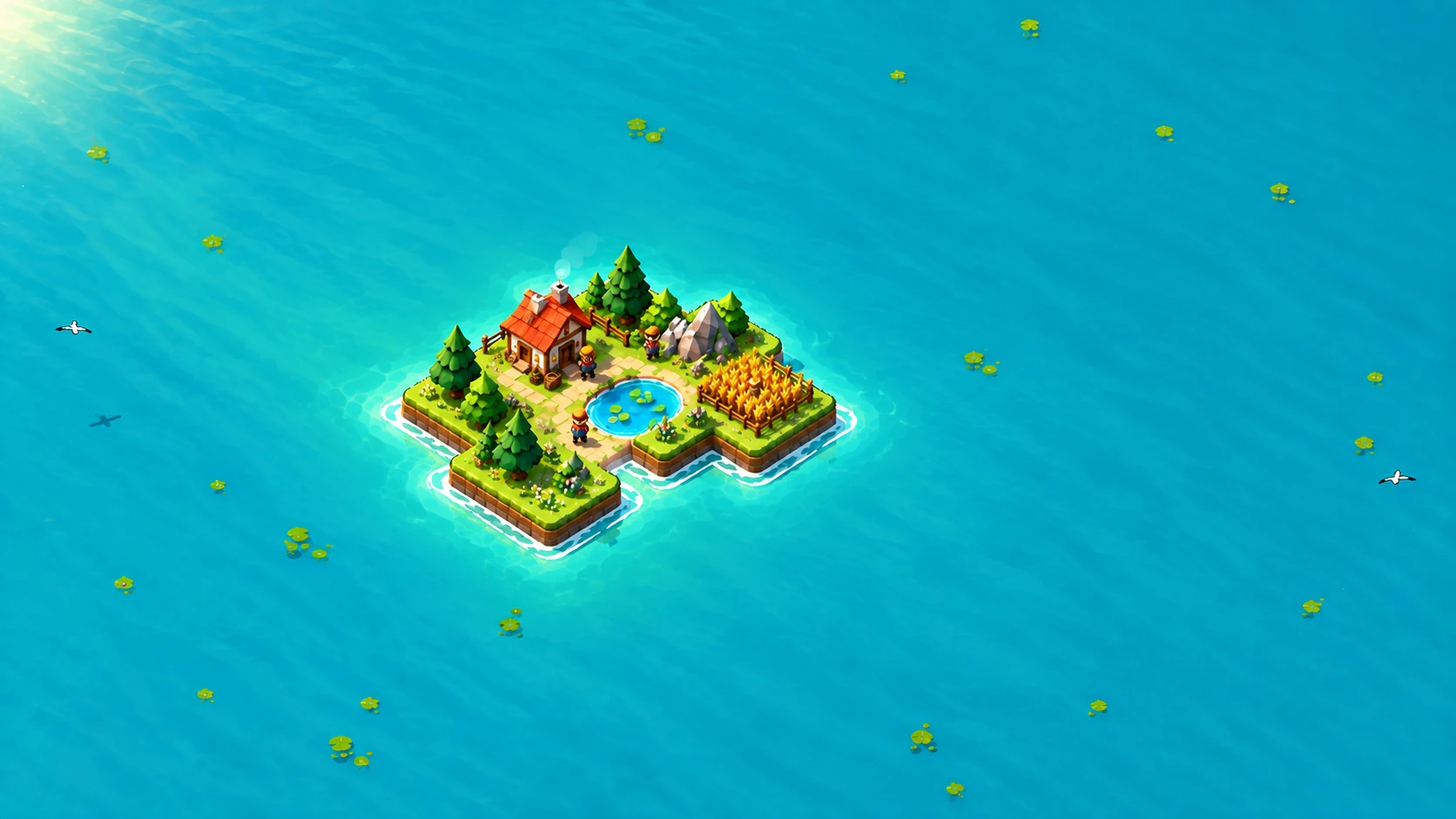 Promotional illustration of a small starting island with one cottage and a few villagers