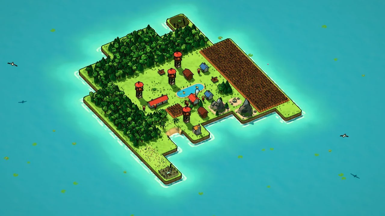 In-game screenshot of a crescent-shaped island with homes, farms and defensive towers