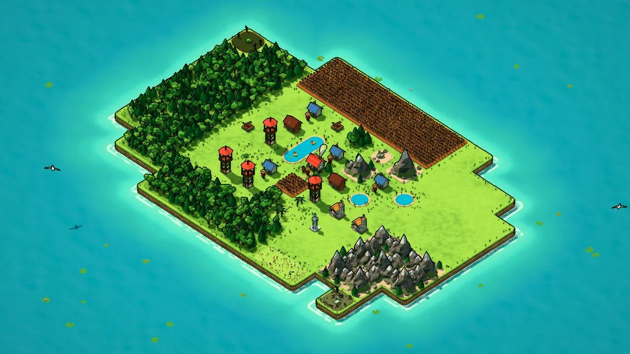 In-game screenshot of a developed island with wheat fields, homes, towers and mountains