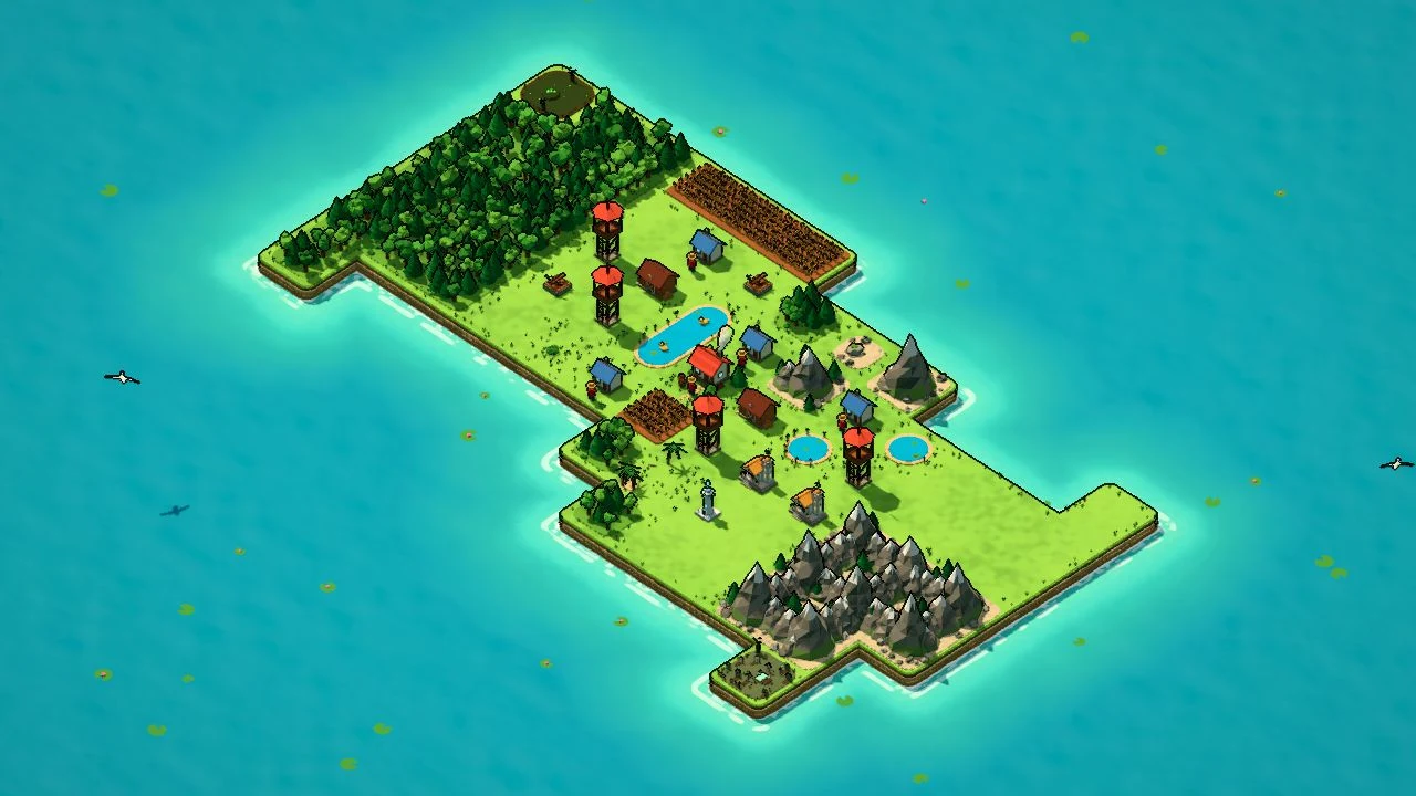 In-game screenshot of a long island with connected terrain, forests and village buildings