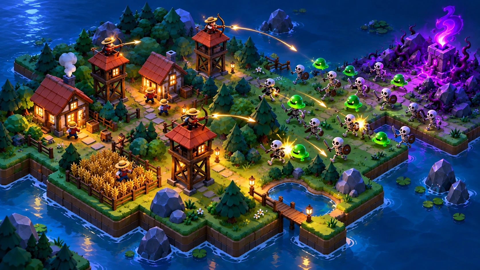 Promotional close-up illustration of archers defending a village against green slimes and skeletons in bright moonlight