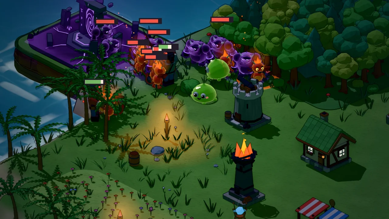 In-game frame: at night, monsters pour out of a cursed portal onto the island